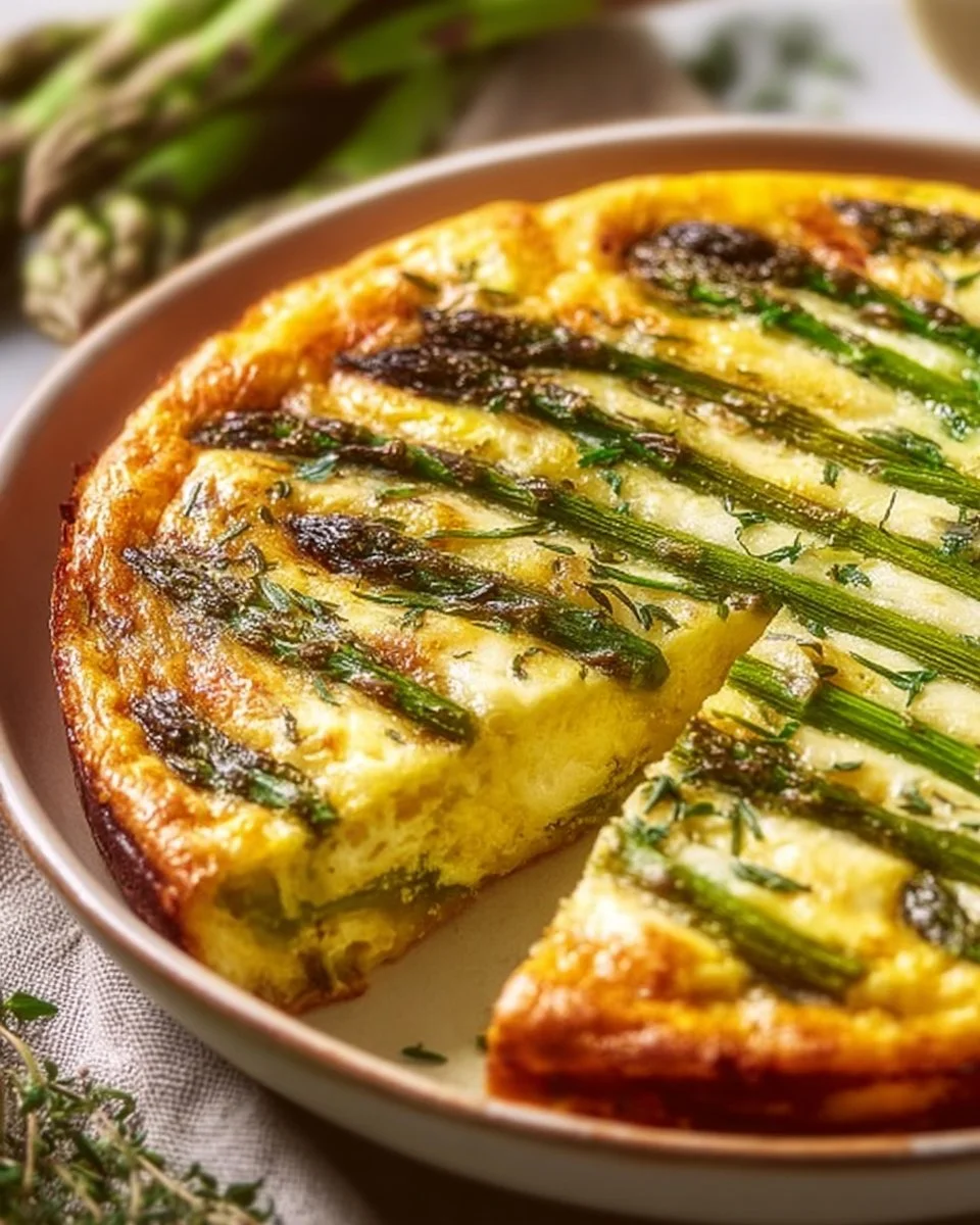 Crustless asparagus quiche served on a plate, garnished with fresh herbs.