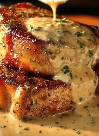 Irresistible maple bacon pork chops topped with Dijon mustard cream sauce.