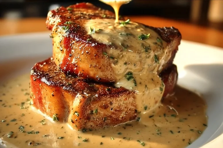 Irresistible maple bacon pork chops topped with Dijon mustard cream sauce.
