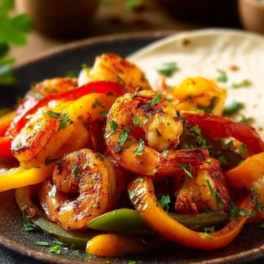 Colorful plate of irresistible shrimp fajitas with peppers and onions
