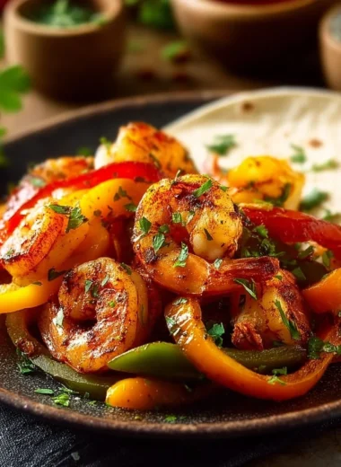 Colorful plate of irresistible shrimp fajitas with peppers and onions