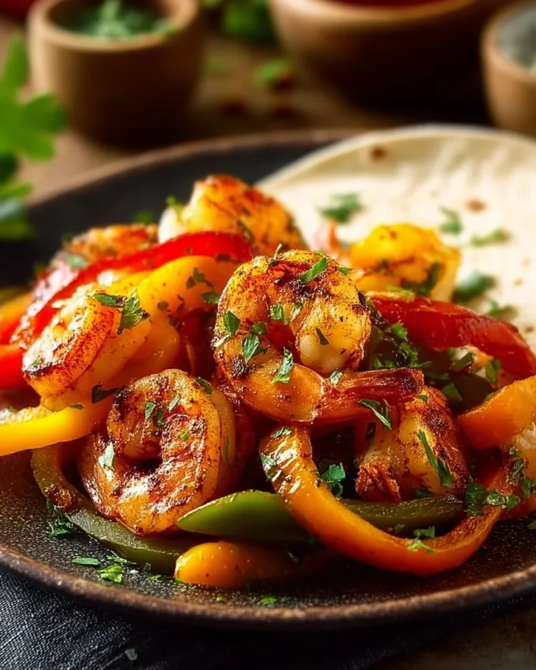 Colorful plate of irresistible shrimp fajitas with peppers and onions