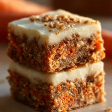 Delicious carrot cake cream cheese bars topped with frosting on a plate.