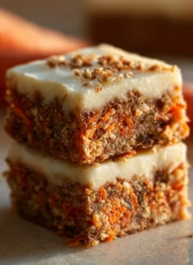 Delicious carrot cake cream cheese bars topped with frosting on a plate.