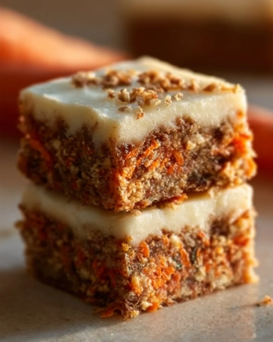 Delicious carrot cake cream cheese bars topped with frosting on a plate.