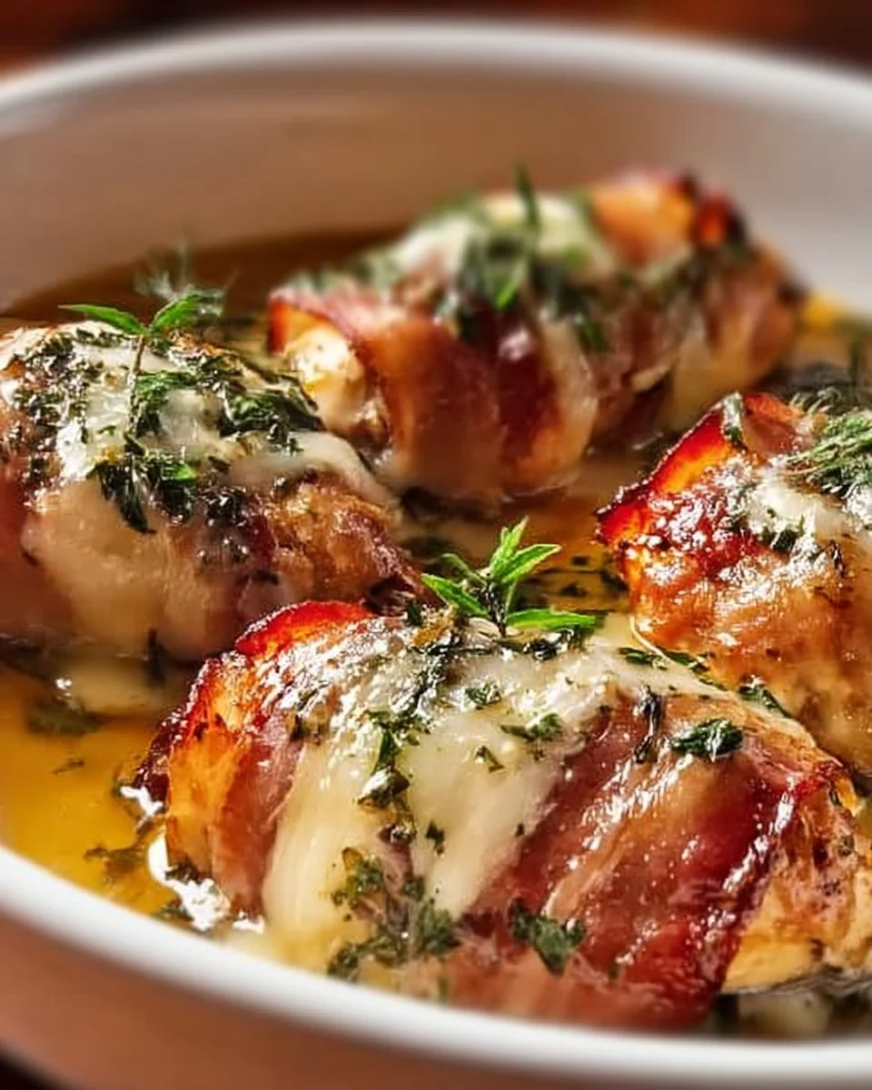 Plate of Italian Chicken Saltimbocca with prosciutto and sage