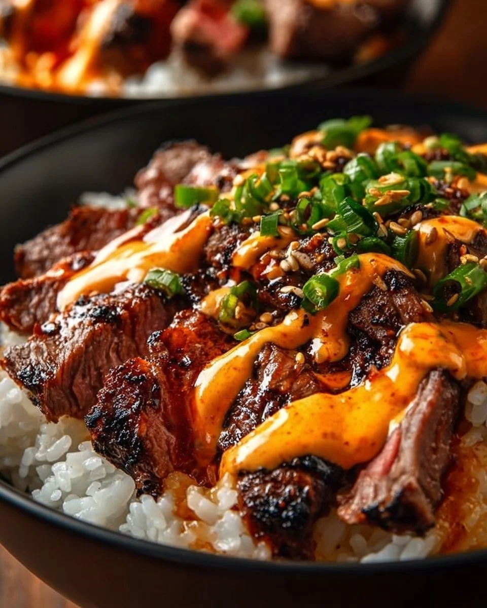 Korean BBQ Steak Rice Bowls with Spicy Cream Sauce on a wooden table
