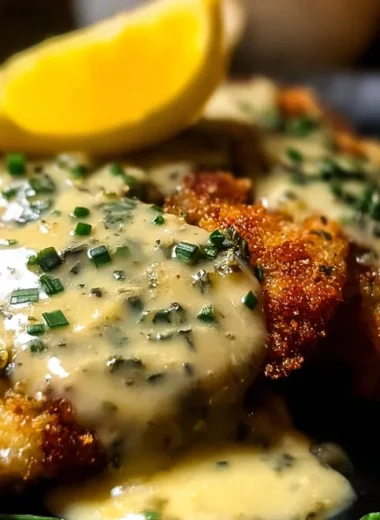 Lemon Pecorino Crusted Chicken served with creamy lemon sauce