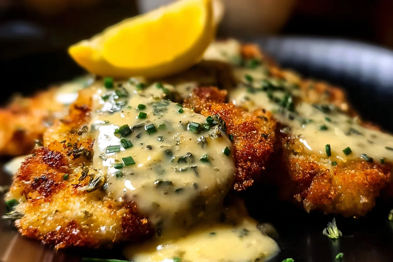 Lemon Pecorino Crusted Chicken served with creamy lemon sauce