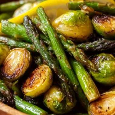 Delicious low carb roasted asparagus and Brussels sprouts on a white plate