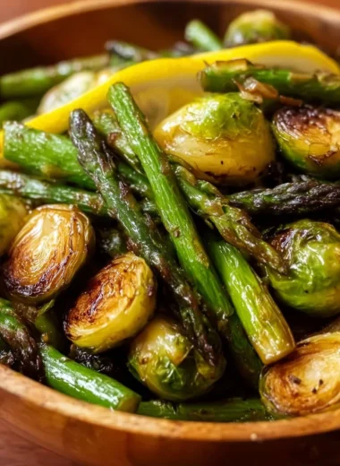Delicious low carb roasted asparagus and Brussels sprouts on a white plate