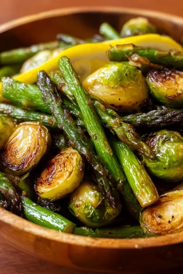 Delicious low carb roasted asparagus and Brussels sprouts on a white plate