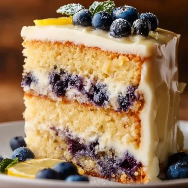 Luscious lemon blueberry layer cake with fresh blueberries and lemon frosting