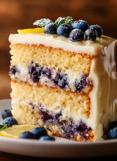Luscious lemon blueberry layer cake with fresh blueberries and lemon frosting