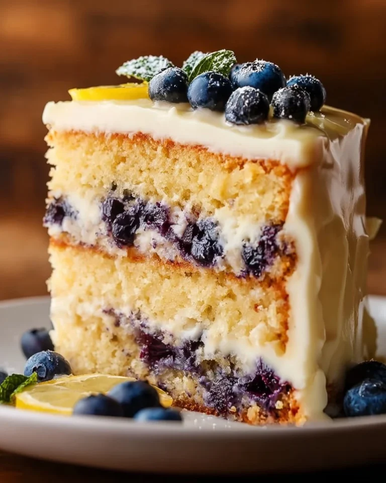 Luscious lemon blueberry layer cake with fresh blueberries and lemon frosting