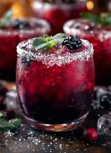 Magical Midnight Frost Christmas Punch served in a festive glass with decorations.