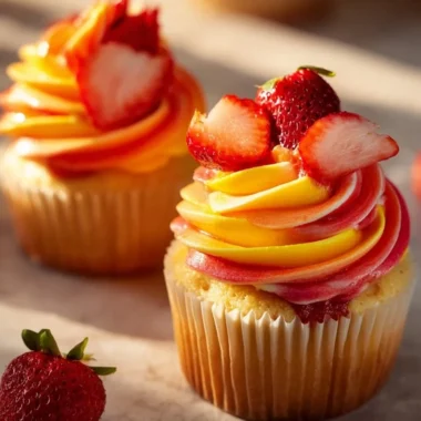Delicious Mango Strawberry Cupcakes topped with vibrant frosting and fresh fruit.