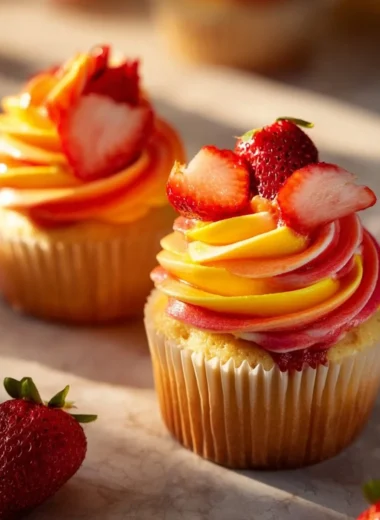Delicious Mango Strawberry Cupcakes topped with vibrant frosting and fresh fruit.