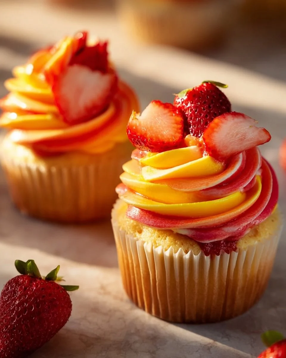 Delicious Mango Strawberry Cupcakes topped with vibrant frosting and fresh fruit.