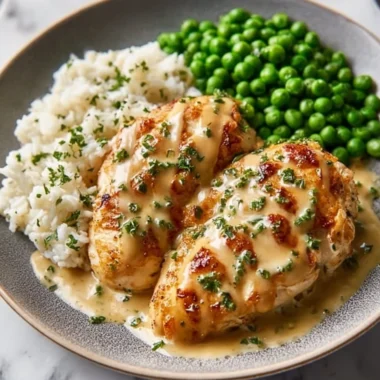 Delicious Boursin Chicken Bake topped with creamy cheese and herbs