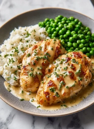Delicious Boursin Chicken Bake topped with creamy cheese and herbs