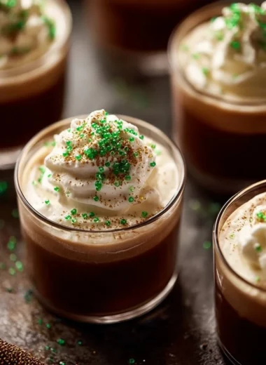 Decadent Irish coffee pudding shots served in small glasses