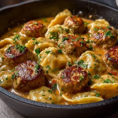 One Skillet Pierogi and Meatball Skillet with savory meatballs and pierogi
