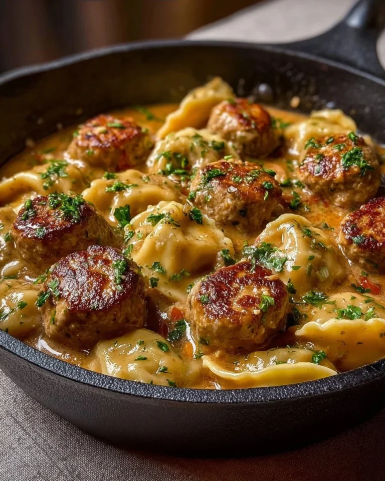 One Skillet Pierogi and Meatball Skillet with savory meatballs and pierogi