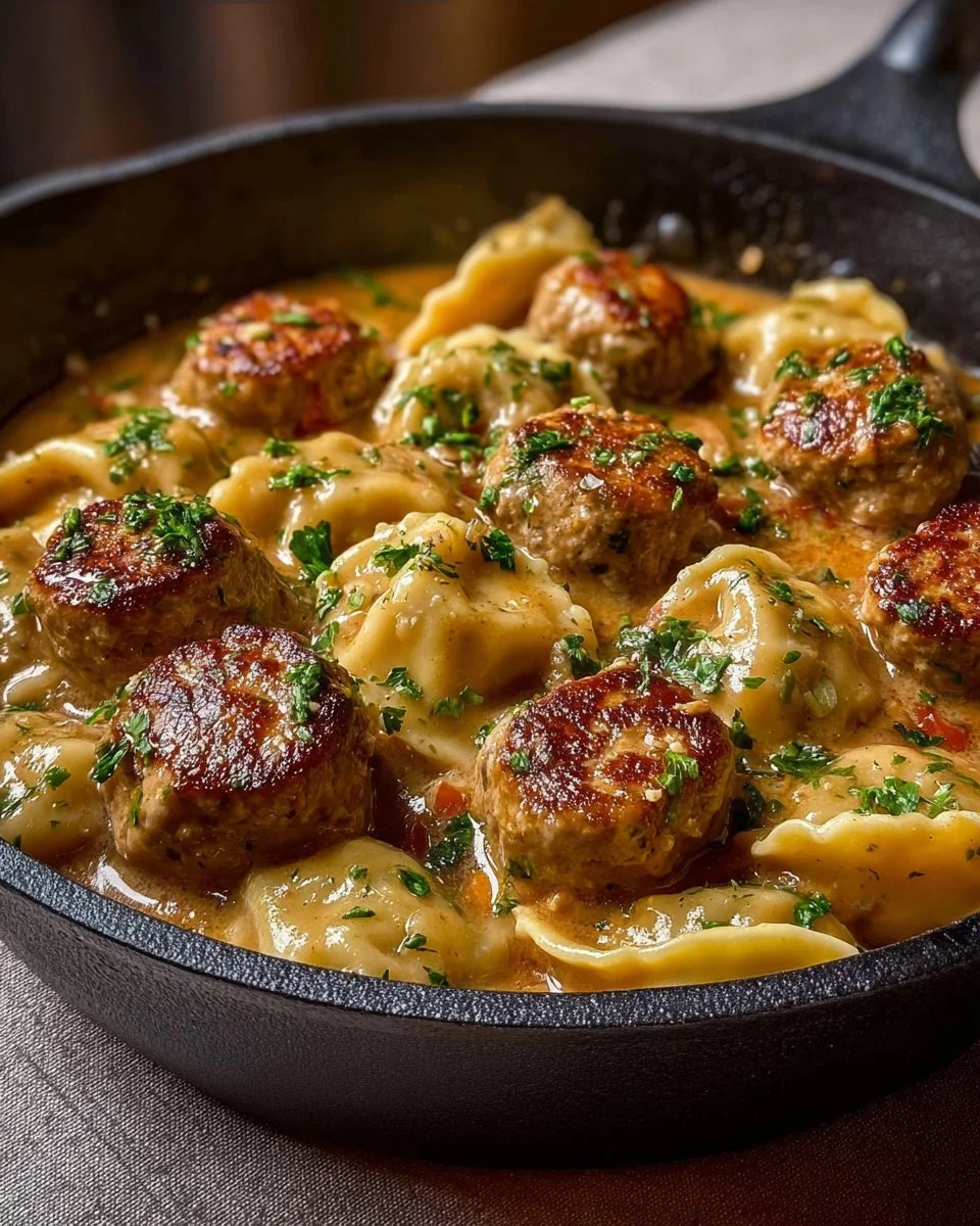 One Skillet Pierogi and Meatball Skillet with savory meatballs and pierogi