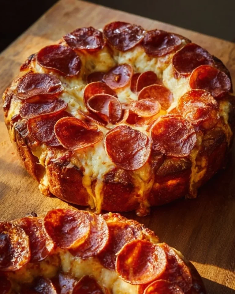 A mouthwatering Pepperoni Pizza Monkey Bread drizzled with sauce.