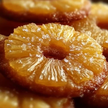 Pineapple upside down sugar cookies arranged on a plate with a tropical backdrop