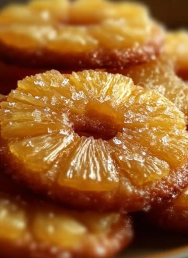 Pineapple upside down sugar cookies arranged on a plate with a tropical backdrop