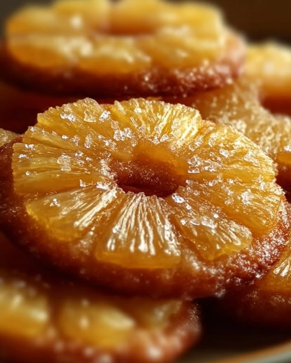 Pineapple upside down sugar cookies arranged on a plate with a tropical backdrop
