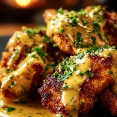 Crunchy Pretzel Chicken drizzled with tangy Mustard-Cheddar sauce