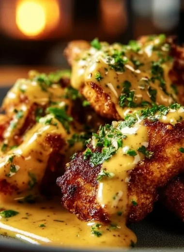Crunchy Pretzel Chicken drizzled with tangy Mustard-Cheddar sauce