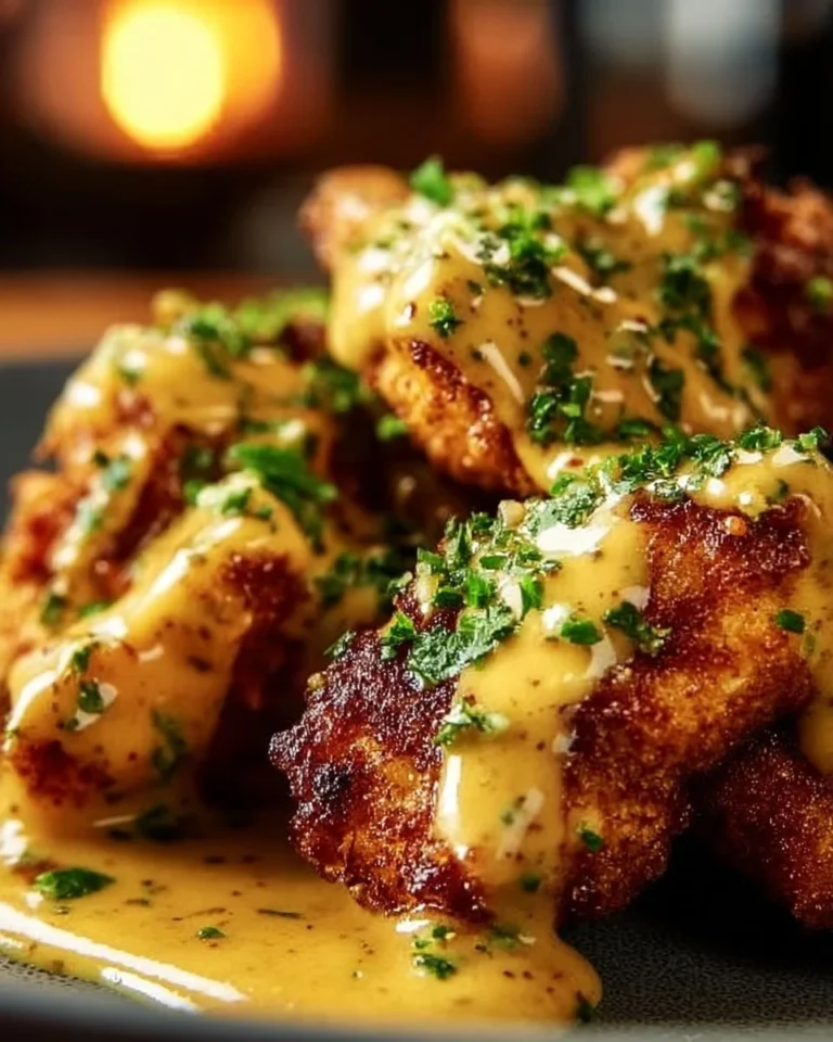 Crunchy Pretzel Chicken drizzled with tangy Mustard-Cheddar sauce