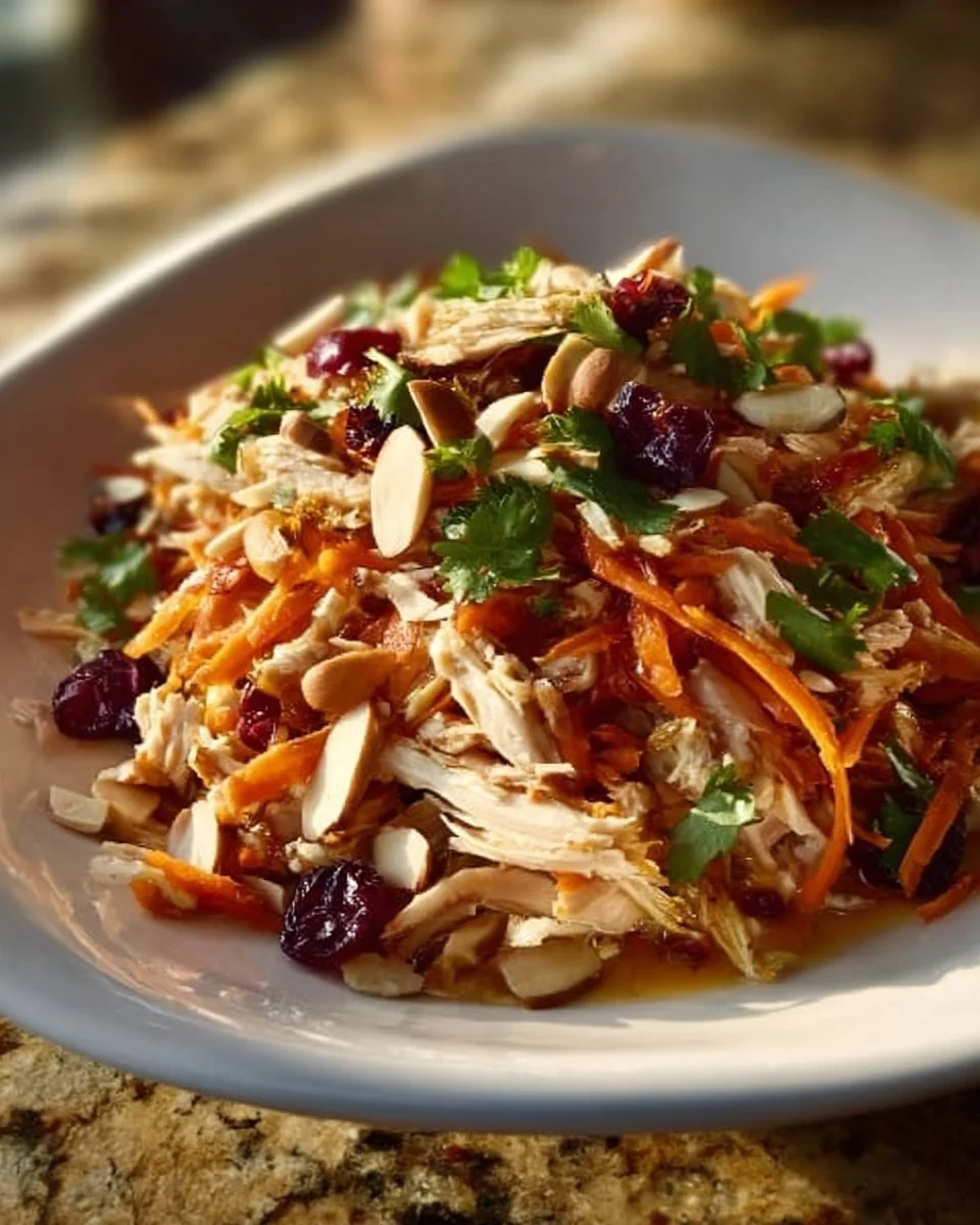 Quick Asian chicken cranberry salad with colorful veggies and sesame dressing