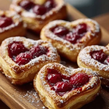 Freshly baked Raspberry Heart Danishes with flaky pastry and raspberry filling
