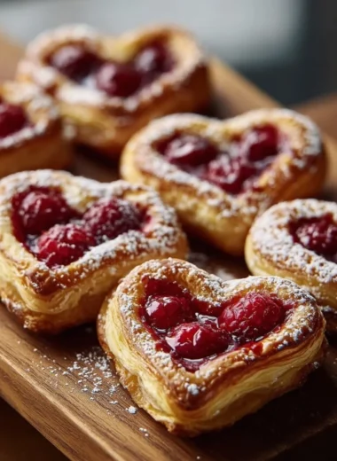 Freshly baked Raspberry Heart Danishes with flaky pastry and raspberry filling