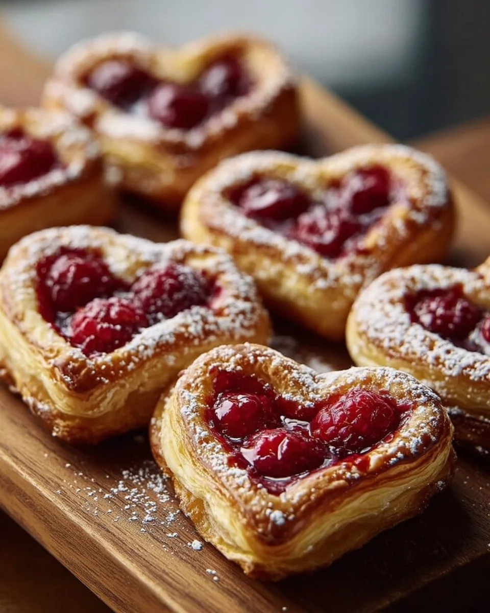 Freshly baked Raspberry Heart Danishes with flaky pastry and raspberry filling