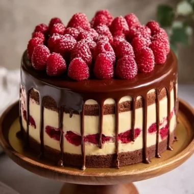 Raspberry Ruby Chocolate Drip Cake with rich chocolate layers and raspberry drizzle