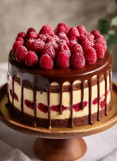 Raspberry Ruby Chocolate Drip Cake with rich chocolate layers and raspberry drizzle