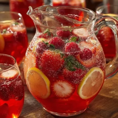 A vibrant glass of refreshing Love Potion Punch garnished with fruit and flowers.