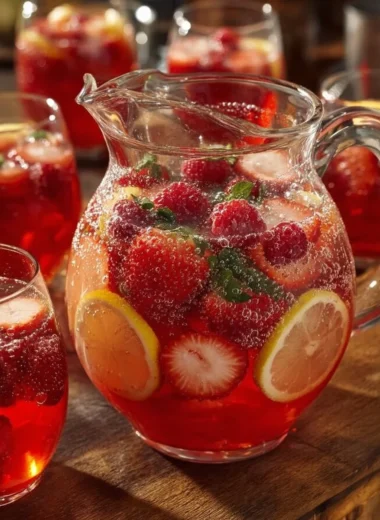A vibrant glass of refreshing Love Potion Punch garnished with fruit and flowers.