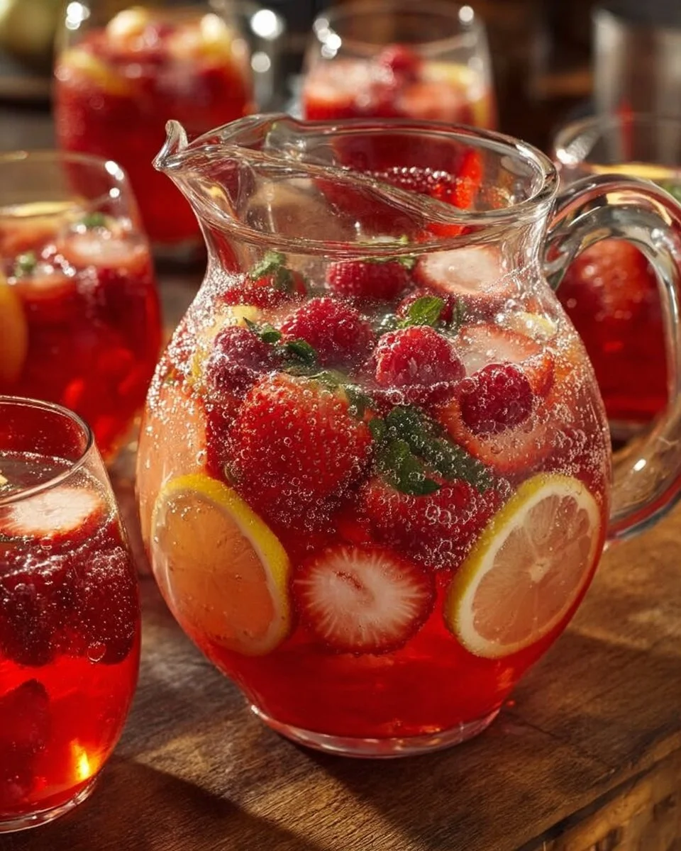 A vibrant glass of refreshing Love Potion Punch garnished with fruit and flowers.