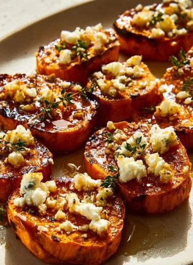 Roasted sweet potato rounds topped with honey and feta cheese on a plate.