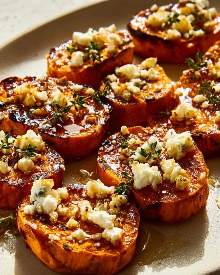 Roasted sweet potato rounds topped with honey and feta cheese on a plate.