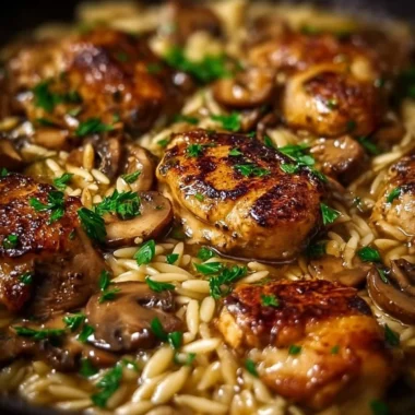 Savory Marsala Chicken served with creamy orzo for a delicious meal.