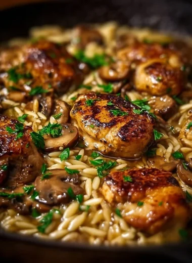 Savory Marsala Chicken served with creamy orzo for a delicious meal.