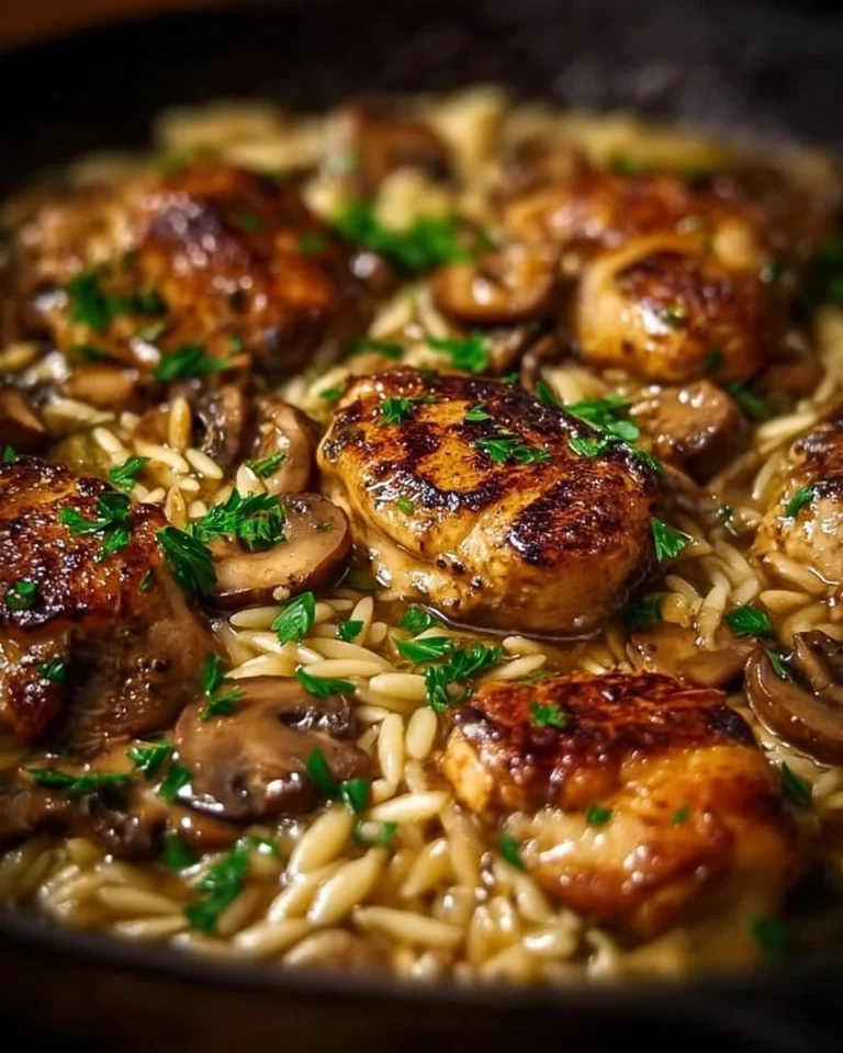 Savory Marsala Chicken served with creamy orzo for a delicious meal.